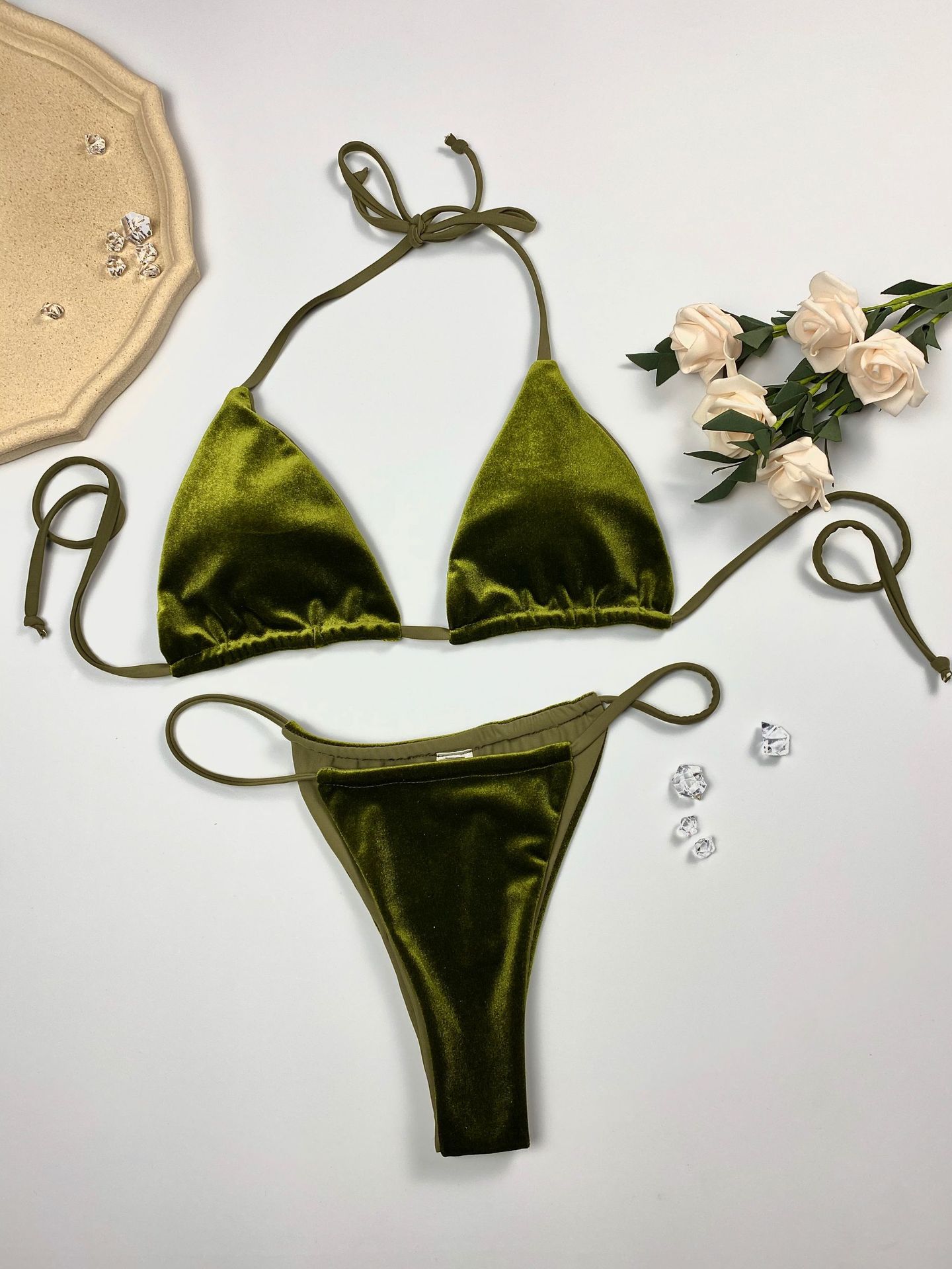 Velvet Triangle String Bikini Set - 图片 2