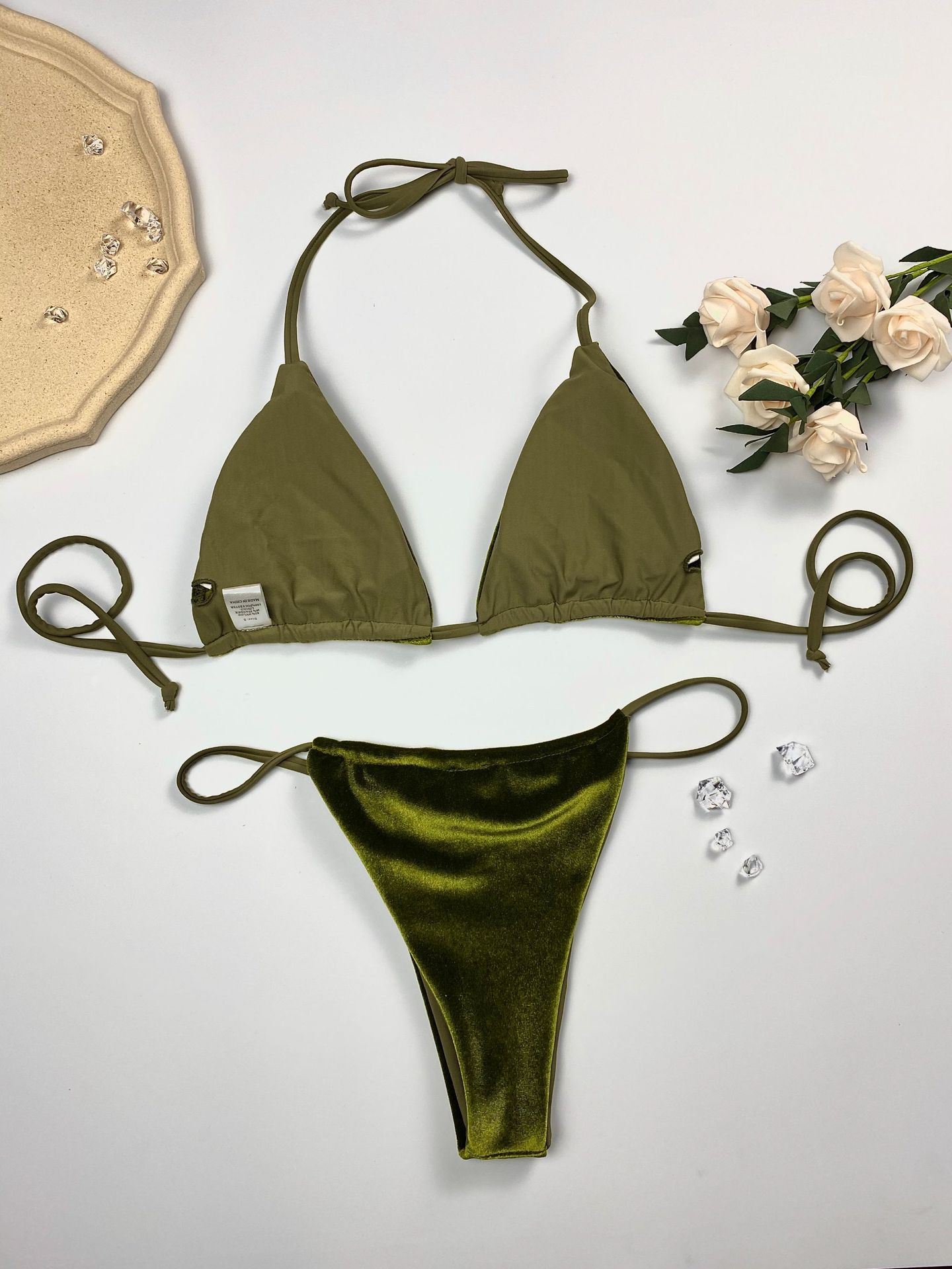Velvet Triangle String Bikini Set - 图片 4